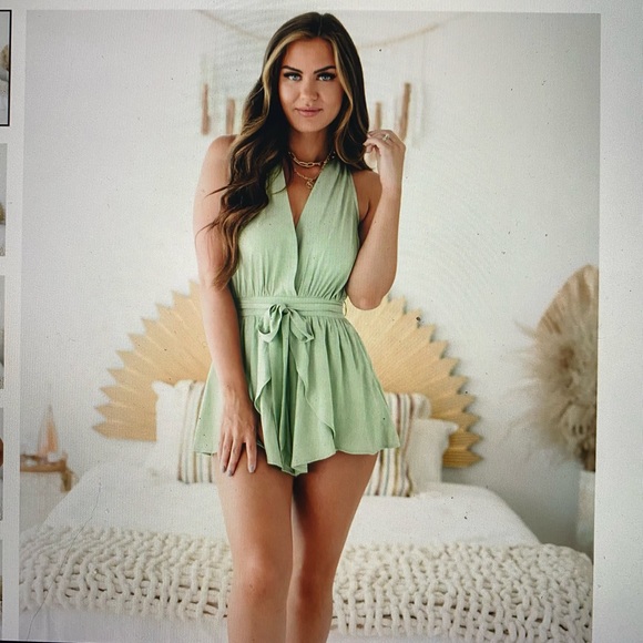 With total confidence tulip hem surplice romper (sage) - Picture 2 of 5